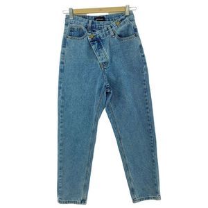 YIXUANHAN Asymmetric Zip Light Was Blue Jeans
